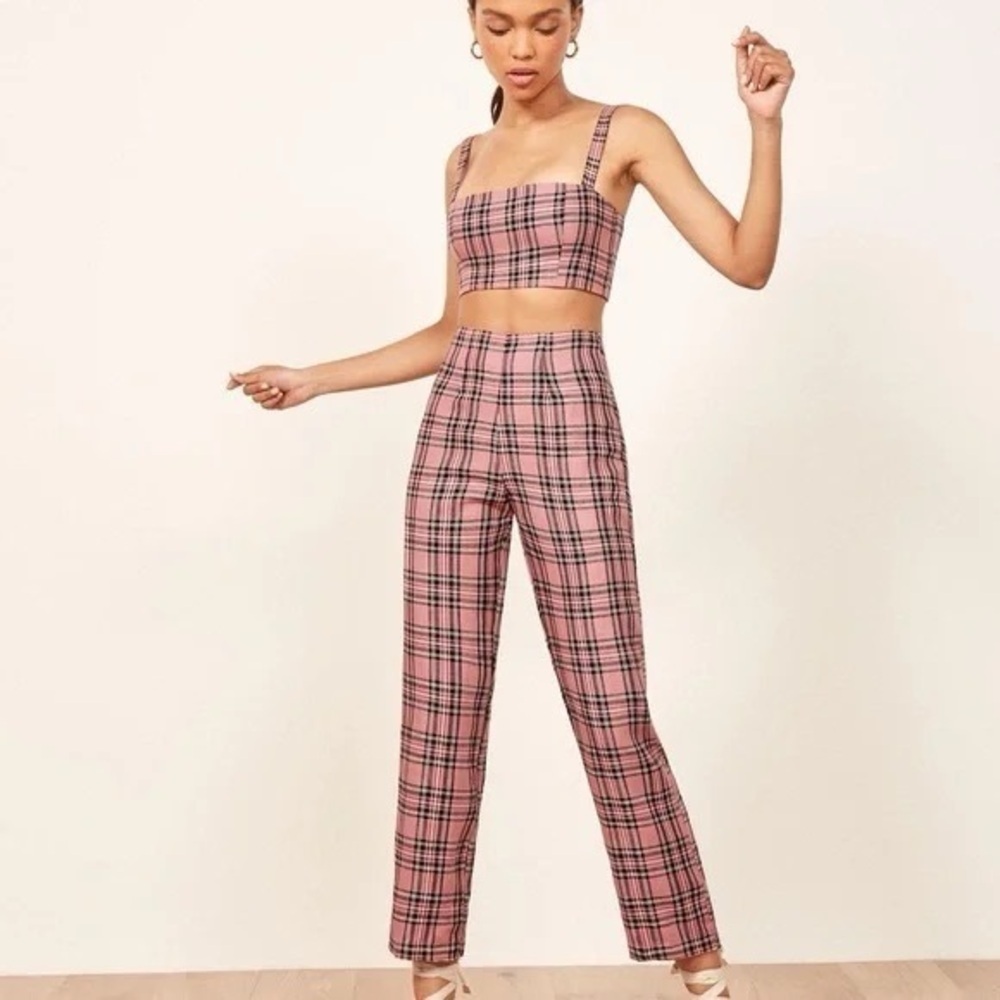 REFORMATION | linen pink and black plaid pant | size 4